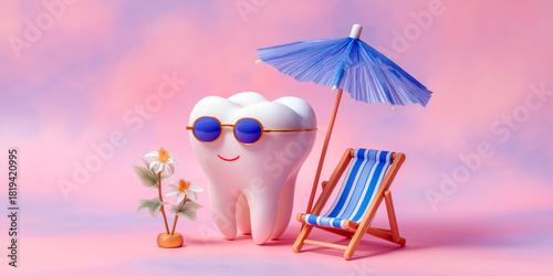 Happy cartoon tooth wearing sunglasses relaxing under a beach umbrella with deck chair and flowers on pastel pink background