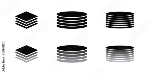Layers icon set. Logo layers, levels, tiers, sheets icons. Fabric floor layers symbol absorbent of material stack vector. Surface levels technology for business