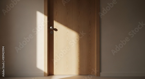 Minimalist wooden door with warm sun rays streaming inside building