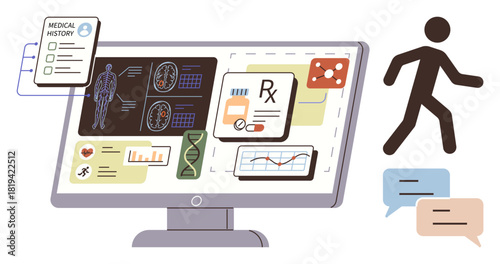 Computer screen with patient health data, medical history, genes, prescriptions, and charts, with walking figure and speech bubbles. Ideal for healthcare, medicine, technology data analysis