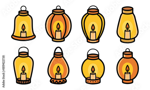 Assorted hand drawn lantern icons with lit candles