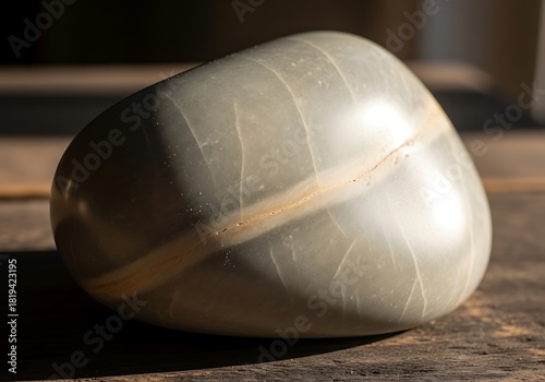 Polished river stone showcasing subtle hues on rustic wooden surface