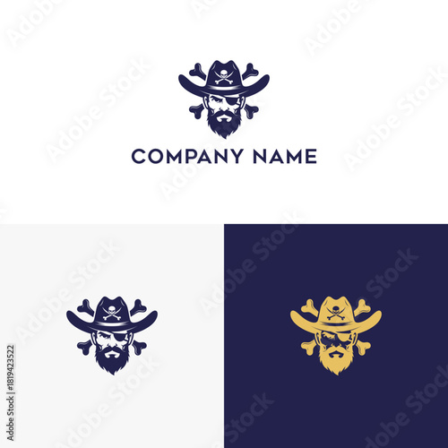 Pirate Head Logo Design Concept Featuring Skull Crossbones and Cowboy Hat Icon