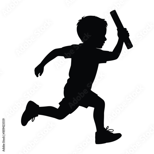 Silhouette of a boy running with a baton isolated on