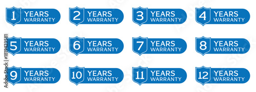 Vector Warranty shield badge label icon - Reliable Guarantee Labels for Products and Services. Warranty badge label for 1 to 12 years