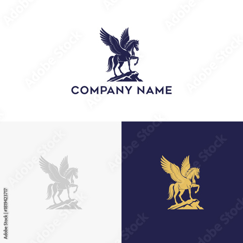 Elegant Pegasus Logo Design Featuring Winged Horse on a Mountain Peak Symbolism