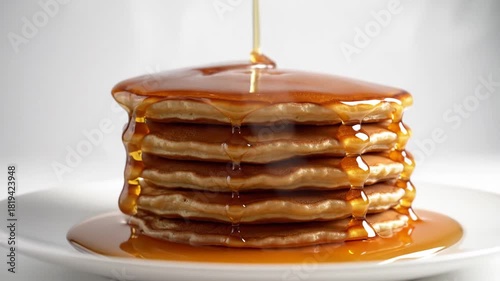 Stack of pancakes with syrup dripping on white plate