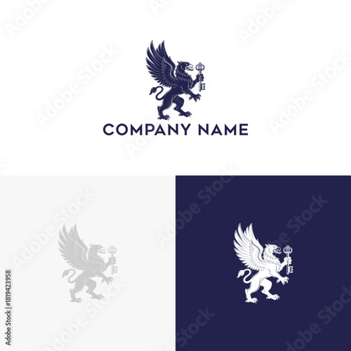 Elegant heraldic griffin with wings spread holding an antique key, a majestic mythical creature symbol for a corporate emblem