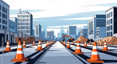 Road construction city skyline with safety cones and heavy equipment