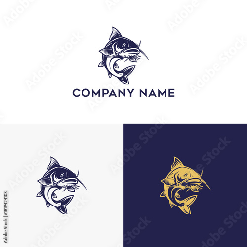 Classic hand-drawn catfish logo design concept. A vintage fishing club mascot or seafood restaurant emblem in a bold vector illustration format