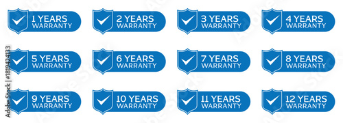 Vector of warranty shield badge label icon - Reliable Guarantee Labels for Products and Services. Warranty labels for 1 to 12 years, Year warranty Banner Label Sign Vector Design