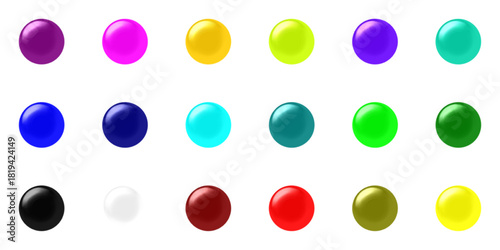 A vibrant collection of eighteen colorful, glossy spheres arranged in three rows on a white background.