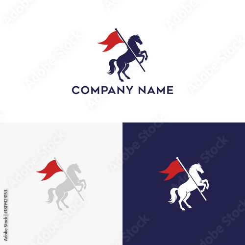 Powerful rearing horse holding a red victory flag, an elegant and strong stallion emblem for a corporate brand identity