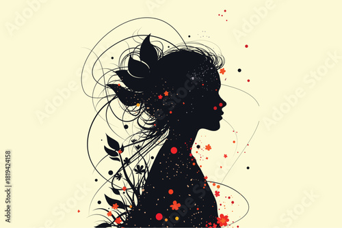 Silhouette of a woman blended with floral elements and abstract shapes, symbolizing imagination, creativity, and nature’s harmony in a dreamy artistic composition.