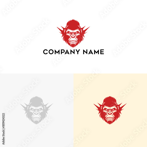 Fierce red fantasy gorilla head with elf ears, a powerful ape mascot logo for a brand or team. Vector illustration of a strong primate monster