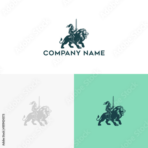 Heraldic emblem of a warrior knight riding a lion, a symbol of strength and courage for a company logo