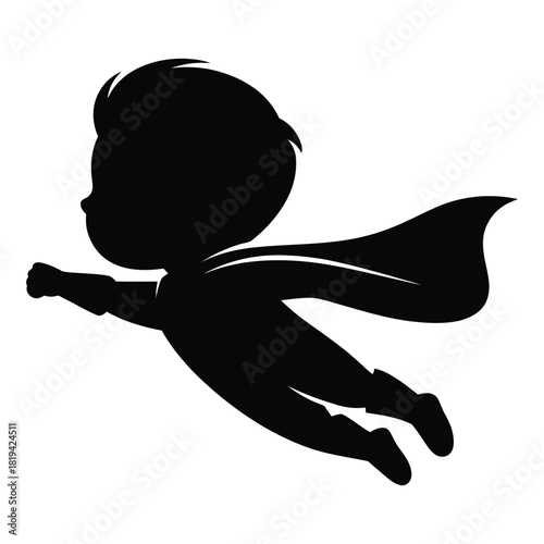 Silhouette of a young boy dressed as a superhero flying isolated on