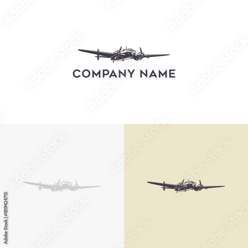 Elegant vintage twin-propeller airplane illustration, capturing the classic charm of early aviation and aerial transport for a sophisticated design emblem