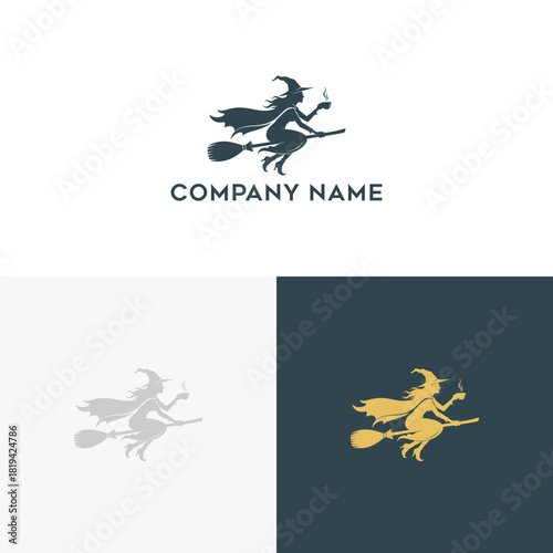 Dynamic vector logo featuring a silhouetted witch gracefully flying on her broomstick, holding a warm beverage, perfect for fantasy-themed branding or mystical enterprises