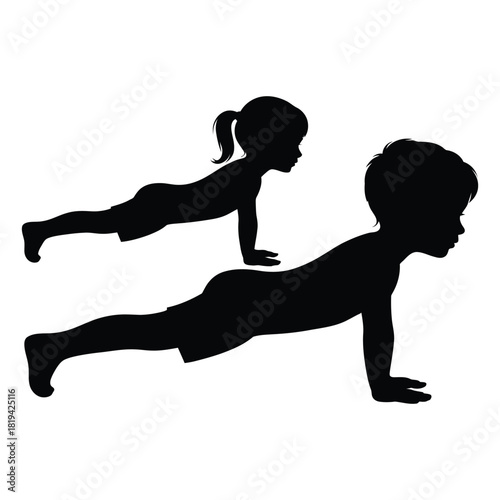 Silhouette of children doing pushups isolated on
