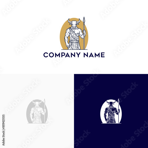 Mythological Bull Warrior Logo Design - Ancient Creature with Spear Symbolizing Strength, Power, and Protection for Brand Identity