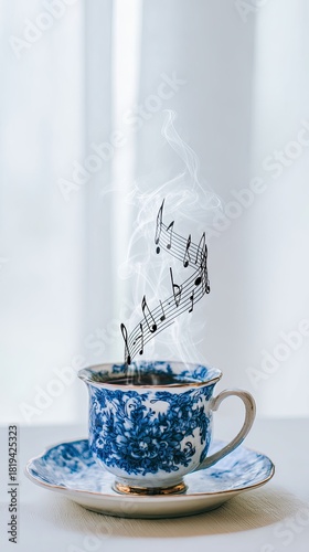 a cup of coffee with blue and white porcelain