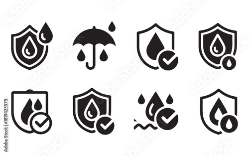 Waterproof and water resistant protection shield icon set vector