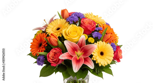 Vibrant Floral Arrangement with Roses Lilies and Gerbera Daisies.