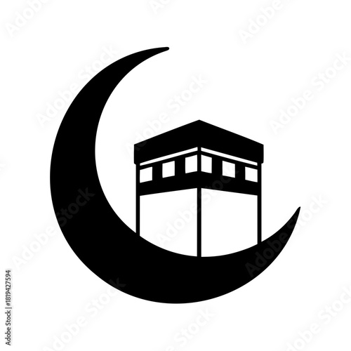 Kaaba and crescent moon, iconic symbol of islamic faith Vector