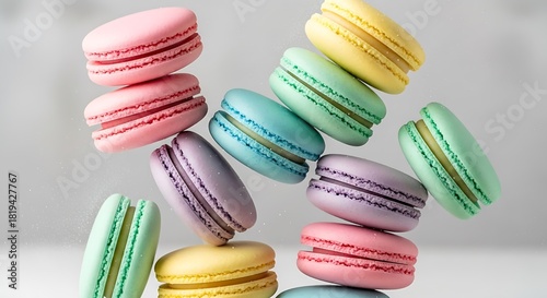 Tower of assorted macarons with pastel colors creates a sweet delight