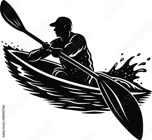 Bold canoe paddler mid-stroke silhouette vector showing dynamic motion and clean minimal detail, perfect for water-sport branding, outdoor adventure graphics, apparel prints, icons, and digital design