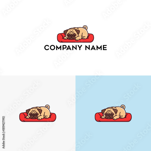 Adorable cartoon pug dog peacefully sleeping on a cozy red pet bed, a charming and cute vector illustration perfect for pet-related businesses, animal care services, or lovable branding