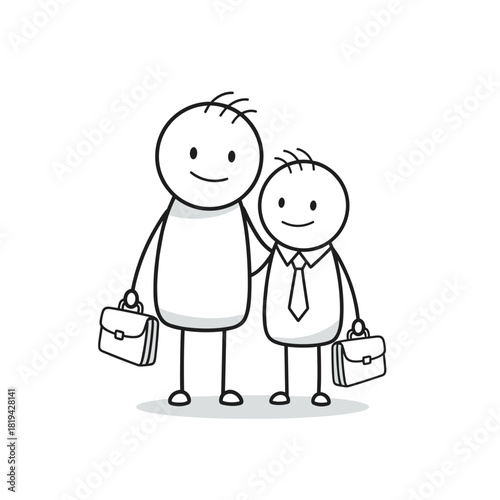 Father and son in stickman style holding briefcases with happy mood representing family bonding and professional growth