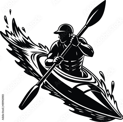 Kayak athlete racing silhouette vector showing dynamic paddling motion. Ideal for water sports graphics, kayaking posters, competition branding, athlete logos, adventure and digital designs.