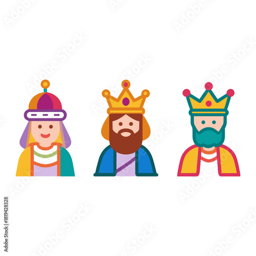 Three Kings in colorful flat design with crowns and festive robes for celebrating Three Kings Day with joyful mood