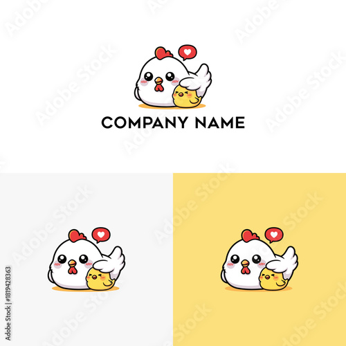 Cute cartoon illustration of a mother hen tenderly embracing her chick, symbolizing maternal love, family bonds, and nurturing care, ideal for a cheerful logo or children's design