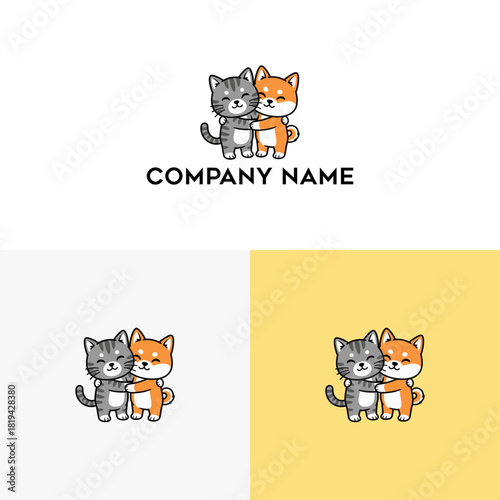 Adorable Cartoon Cat and Dog Hugging with Affectionate Embrace, a Cute Vector Graphic Depicting Endearing Pet Friendship and Companion Love for Children's Themes