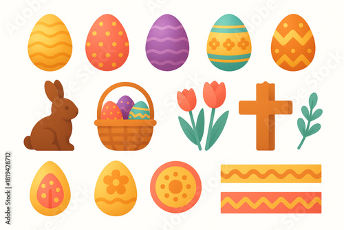 Easter celebration vector illustration pack with detailed icons of painted eggs chocolate bunnies wicker baskets tulips crosses and festive patterns smooth rounded shapes modern flat design 