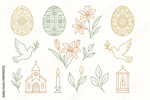 Elegant Easter vector symbols including ornate egg patterns dove silhouettes lilies candles church elements and spring leaves thin line design geometric shapes refined pastel tones crisp 
