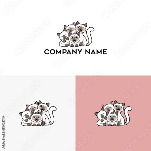 Adorable group of cartoon Siamese cats forming a cute family. This vector illustration makes a perfect pet-themed company logo or mascot