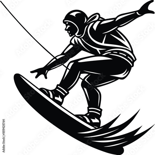 Dynamic wakeboarding trick silhouette vector featuring bold action pose, clean sharp outlines, perfect for water sports branding, extreme sports designs, posters, logos, apparel, and digital illustrat