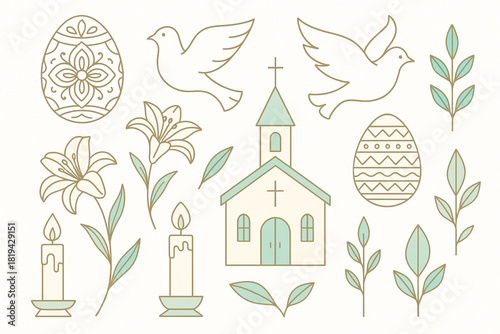 Elegant Easter vector symbols including ornate egg patterns dove silhouettes lilies candles church elements and spring leaves thin line design geometric shapes refined pastel tones crisp 