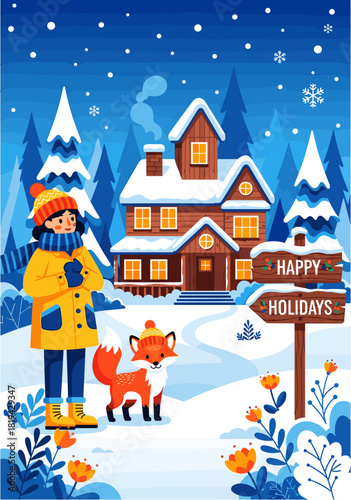 Festive winter illustration of person and fox in beanies by cozy house, pine trees, falling snowflakes, 'happy holidays' sign.