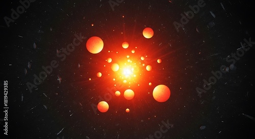 Vivid orange light and glowing spheres on a dark cosmic backdrop