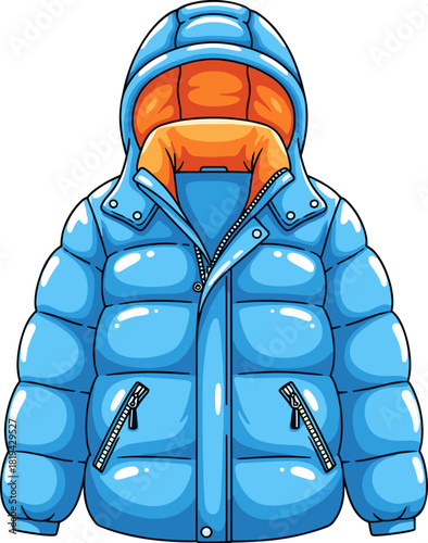 Cozy blue puffer jacket with an orange-lined hood, front zipper, snap buttons, and zippered pockets, illustrating essential warm winter apparel for cold weather.