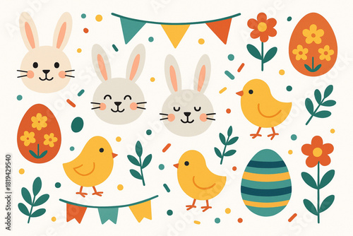 Modern flat Easter vector set with cheerful bunny faces abstract egg designs confetti banners baby chicks and garden motifs bold shapes balanced composition high quality vector finish white background