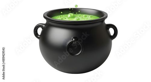 Witchs Cauldron with Bubbling Green Potion on White Background.