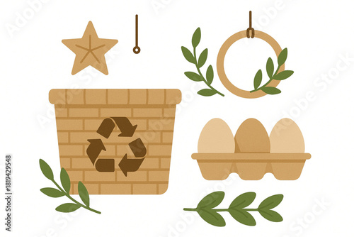 Vector illustrations of recycled paper baskets organic eggs and sustainable decorations flat design white background