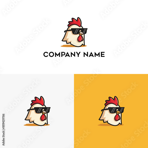 Stylish and humorous cartoon chicken head mascot wearing trendy sunglasses, a fun and modern graphic design illustration for a brand or product logo concept showcasing a cool avian character