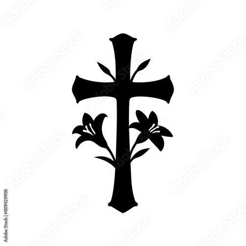 Ornate christian cross and lilies on white background Vector